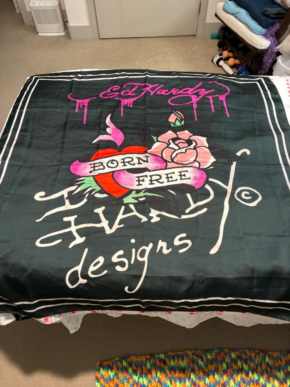 Ed Hardy Black Large Scarf with Pink & Red Heart Rose Graphic